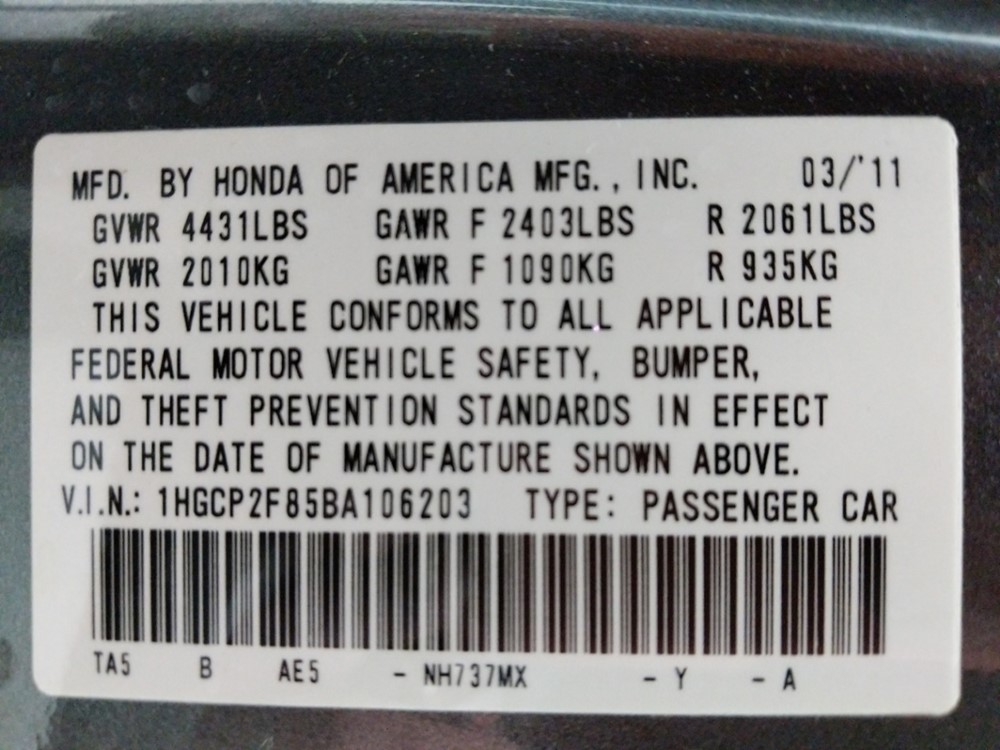 2011 Honda Accord - VIN Plate