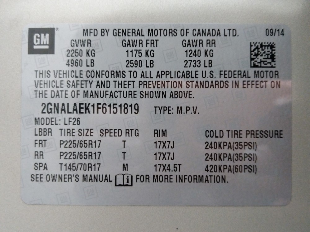 2015 Chevrolet Equinox - VIN Plate