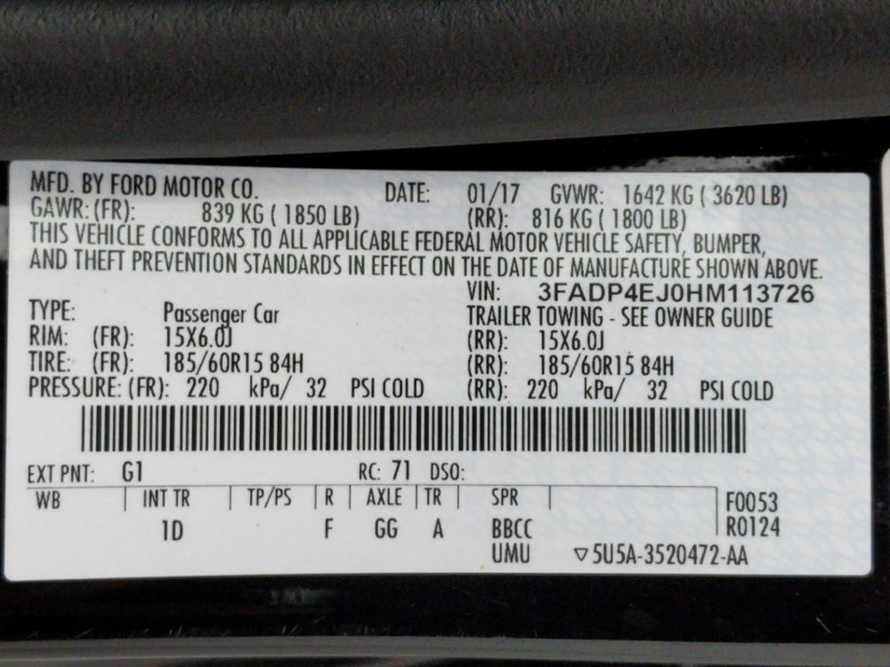 2017 Ford Fiesta - VIN Plate