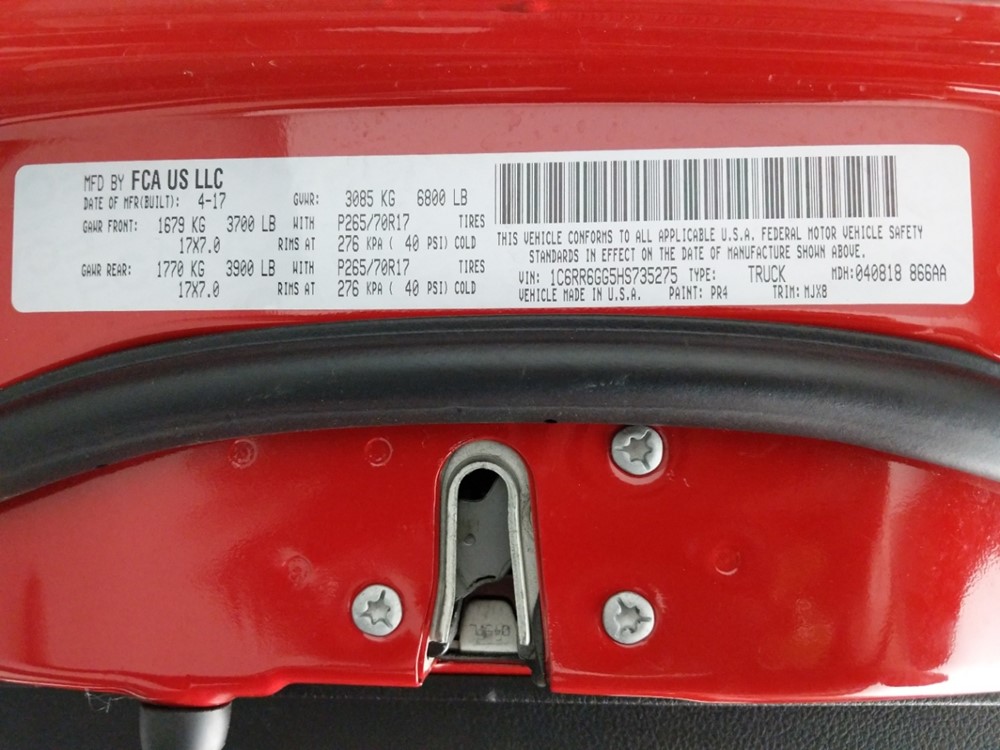 2017 Dodge Ram 1500 - VIN Plate