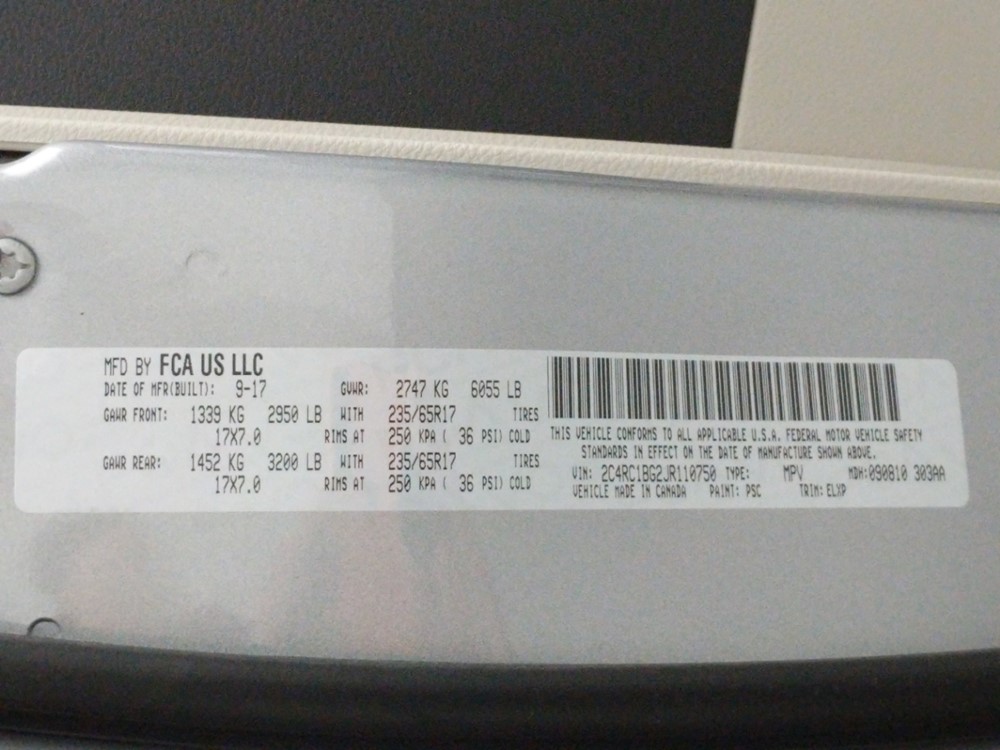 2018 Chrysler Pacifica - VIN Plate