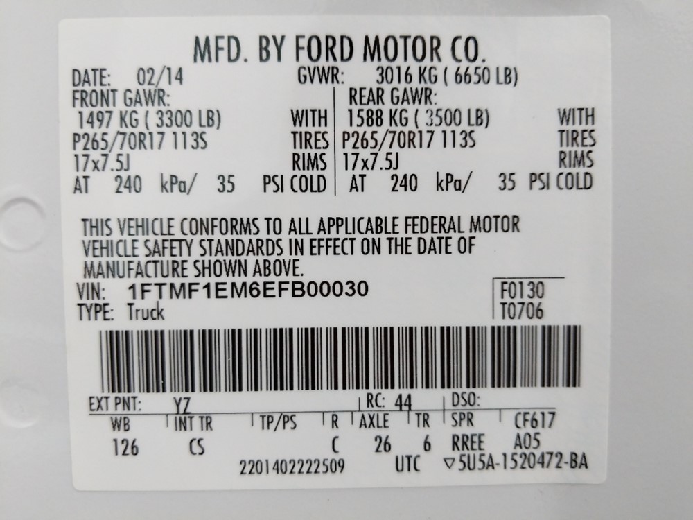 2014 Ford F-150 - VIN Plate