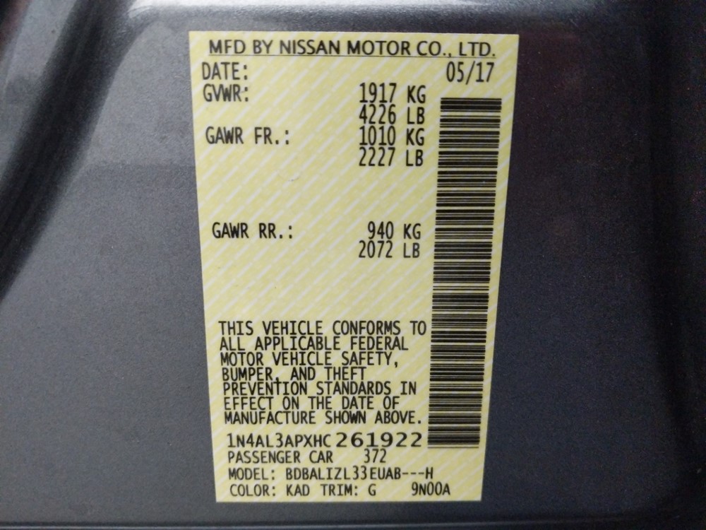 2017 Nissan Altima - VIN Plate