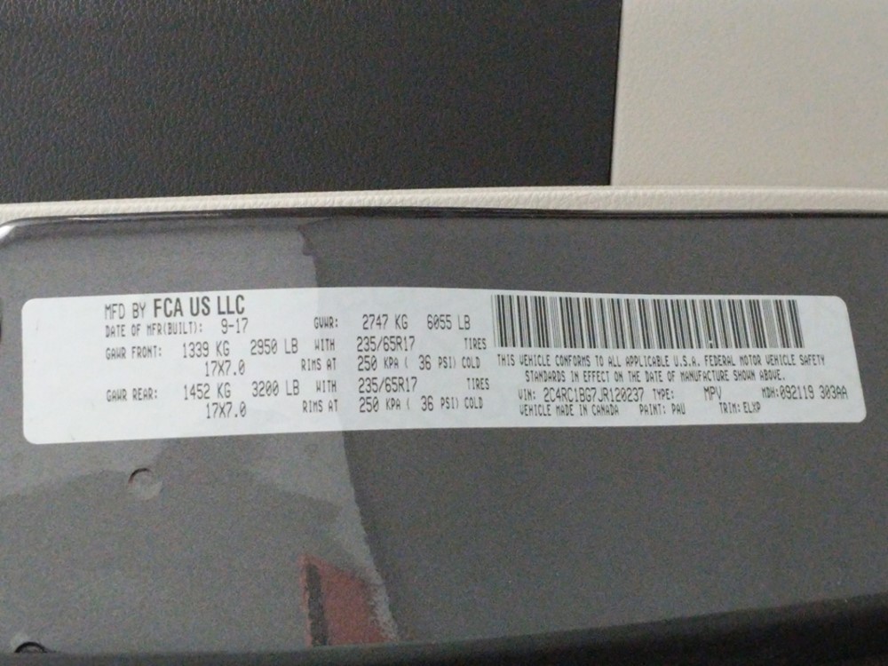 2018 Chrysler Pacifica - VIN Plate