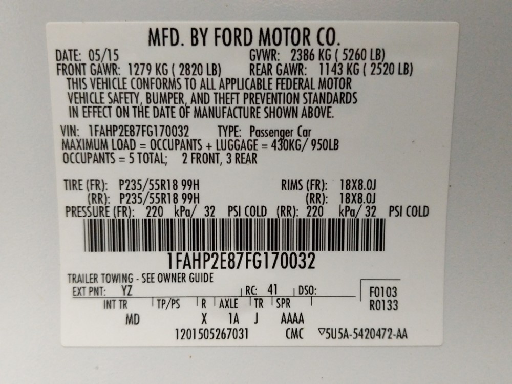 2015 Ford Taurus - VIN Plate