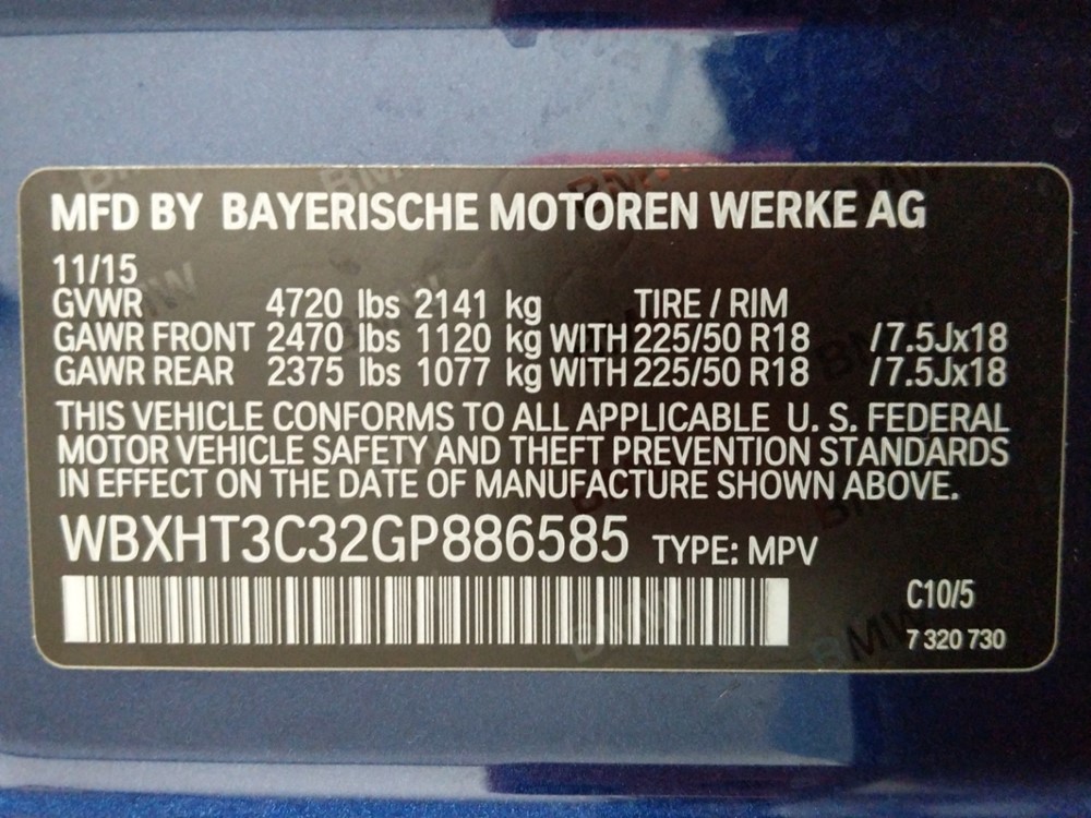 2016 BMW X1 - VIN Plate