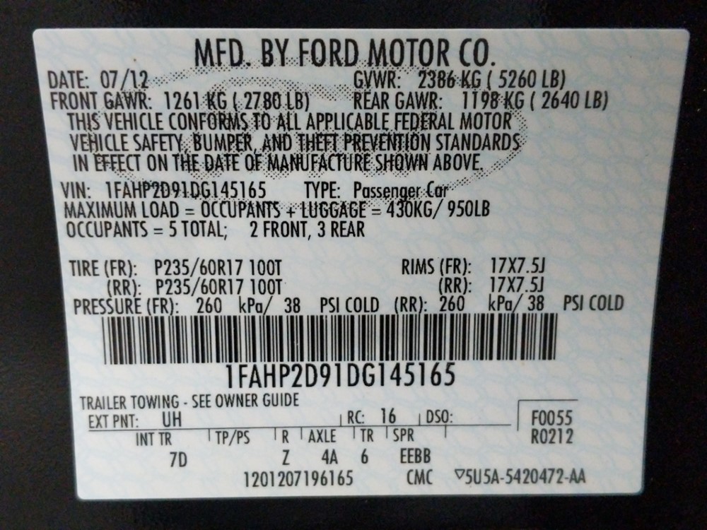 2013 Ford Taurus - VIN Plate