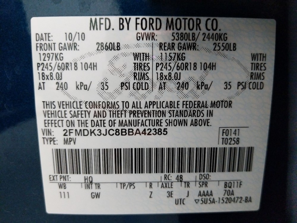 2011 Ford Edge - VIN Plate