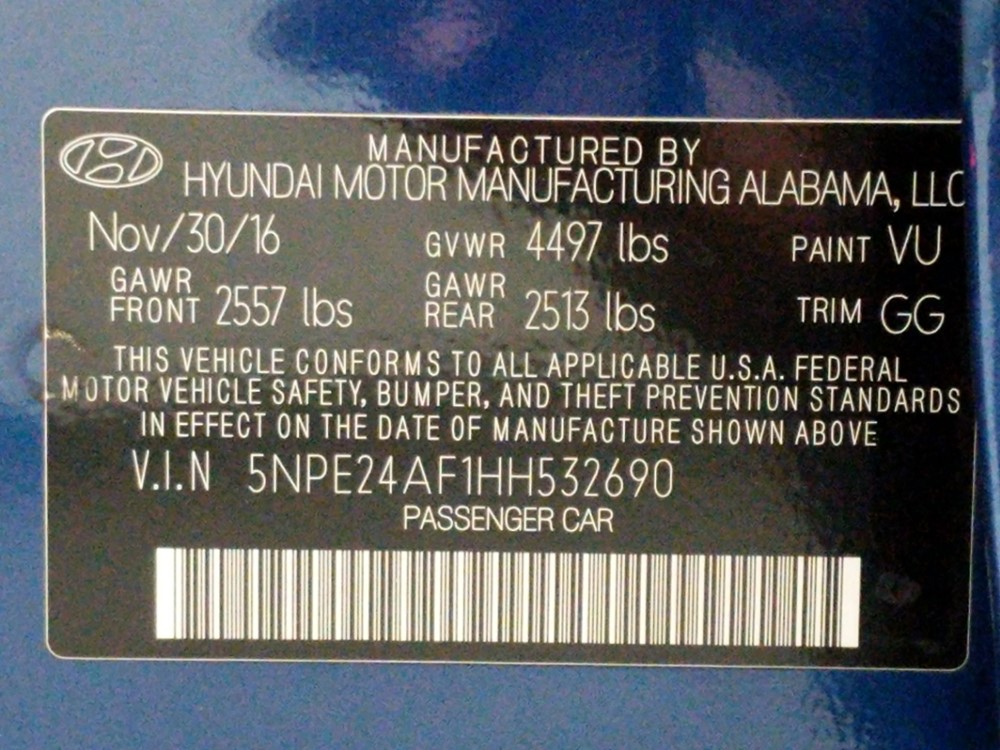 2017 Hyundai Sonata - VIN Plate