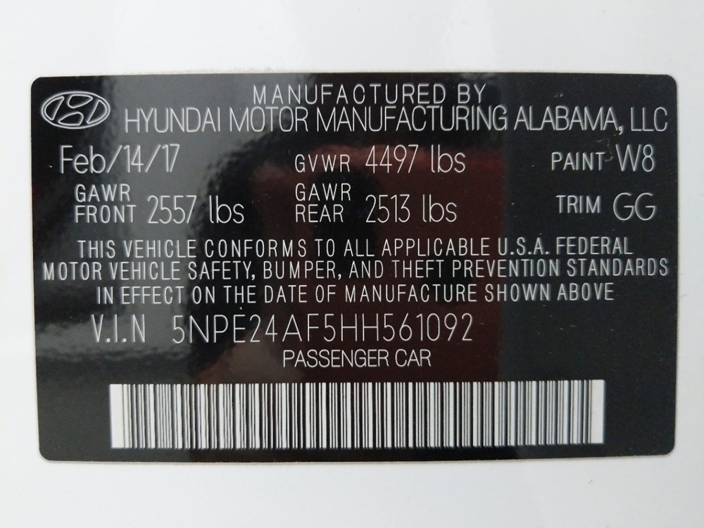 2017 Hyundai Sonata - VIN Plate