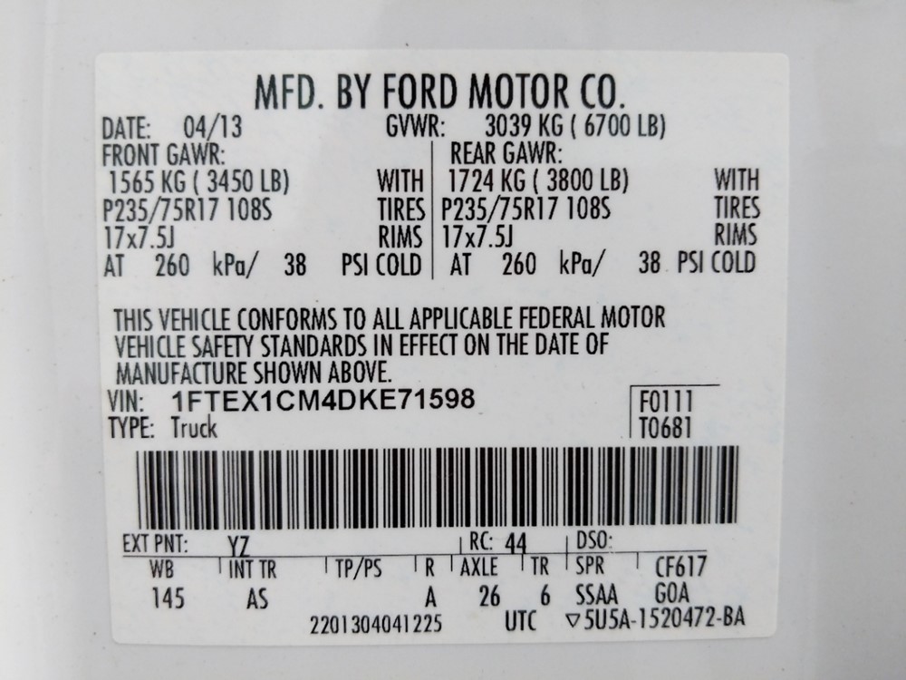 2013 Ford F-150 - VIN Plate