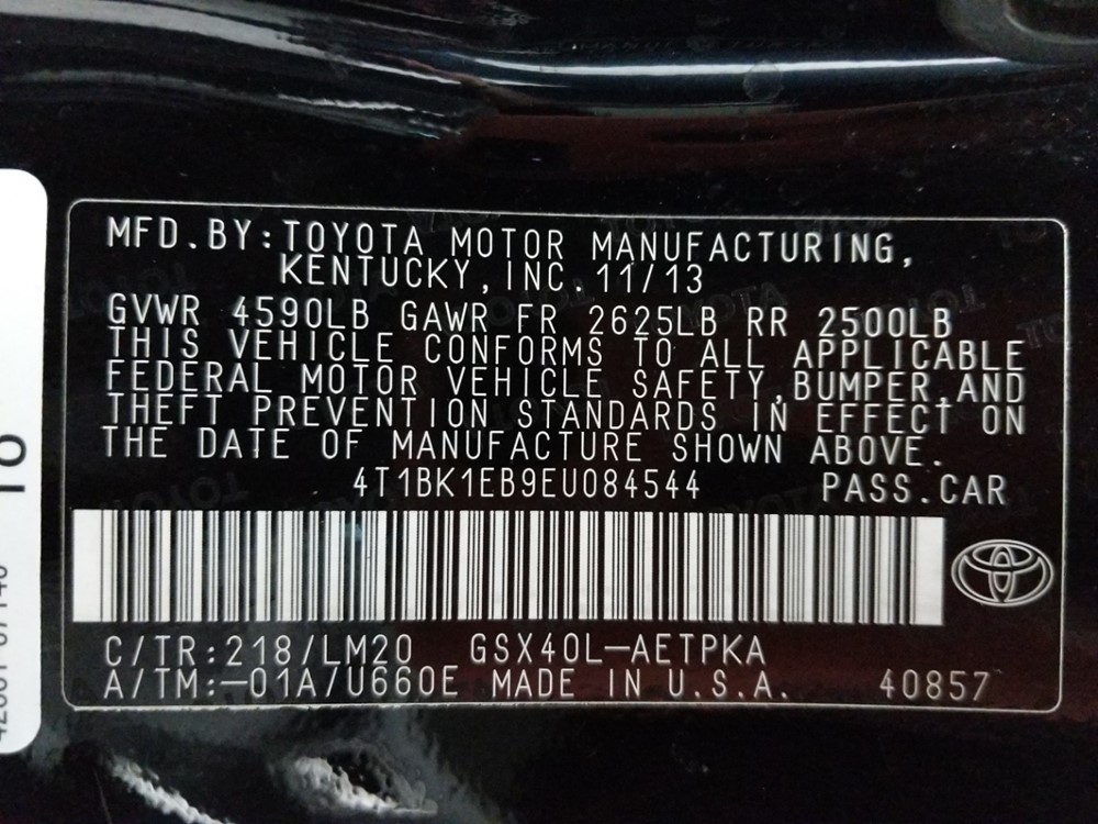 2014 Toyota Avalon - VIN Plate