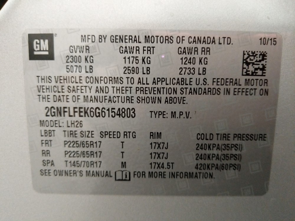 2016 Chevrolet Equinox - VIN Plate