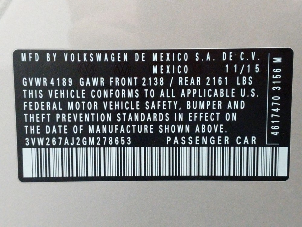 2016 Volkswagen Jetta - VIN Plate