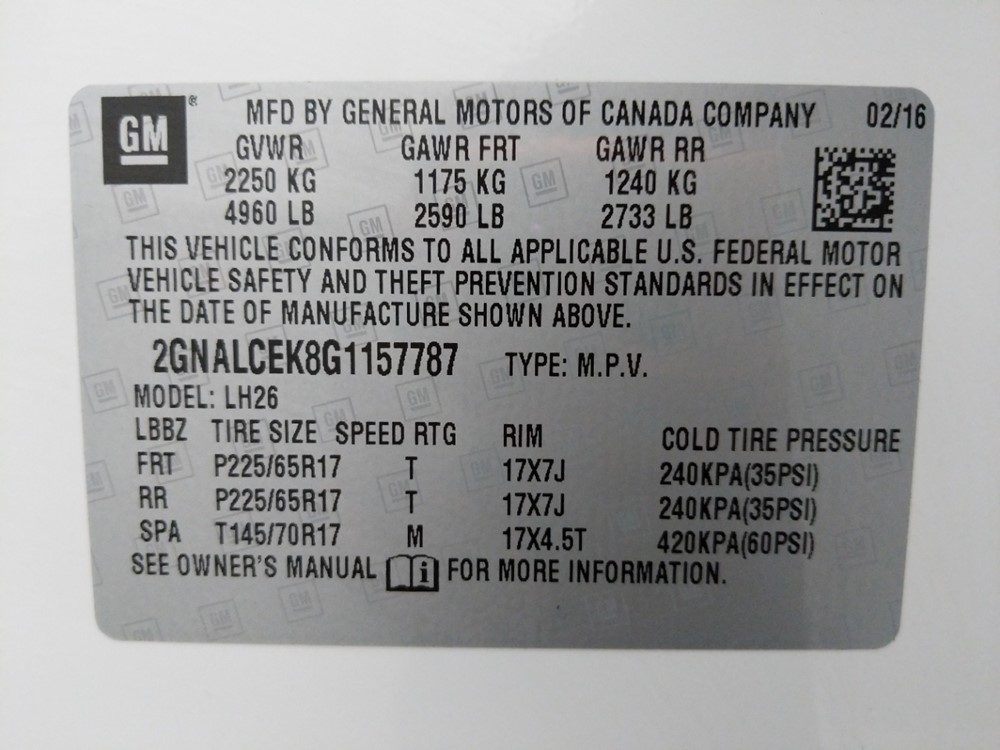 2016 Chevrolet Equinox - VIN Plate