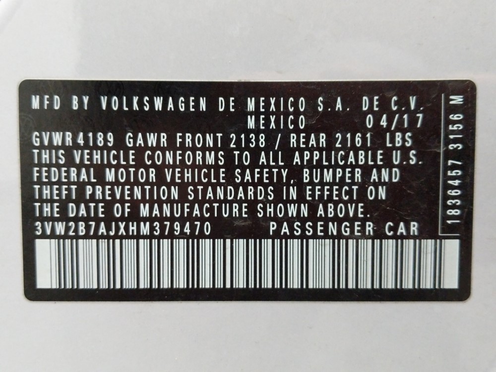 2017 Volkswagen Jetta - VIN Plate