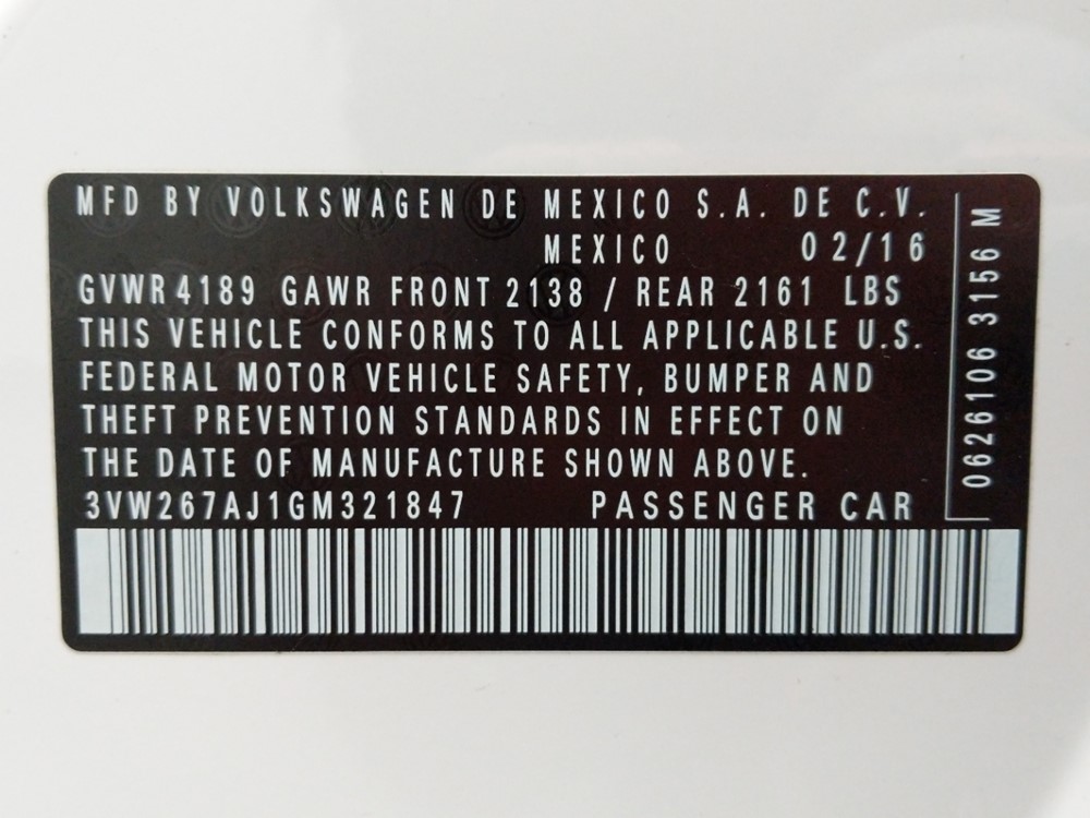 2016 Volkswagen Jetta - VIN Plate