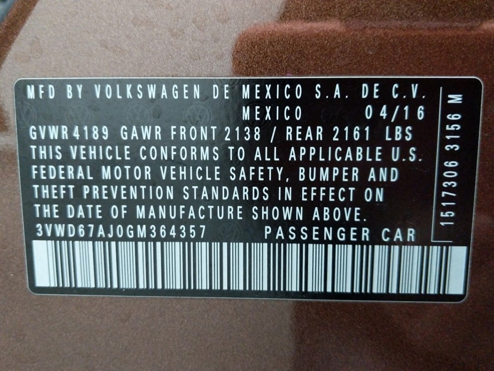 2016 Volkswagen Jetta - VIN Plate