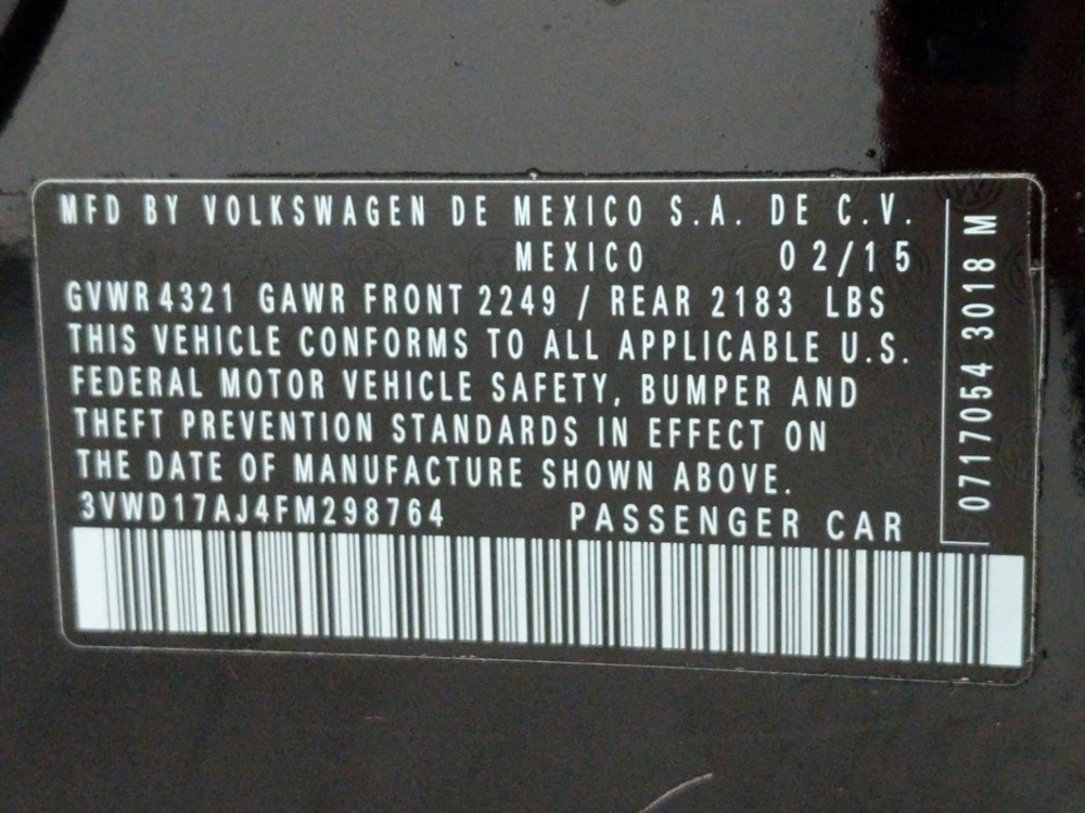 2015 Volkswagen Jetta - VIN Plate