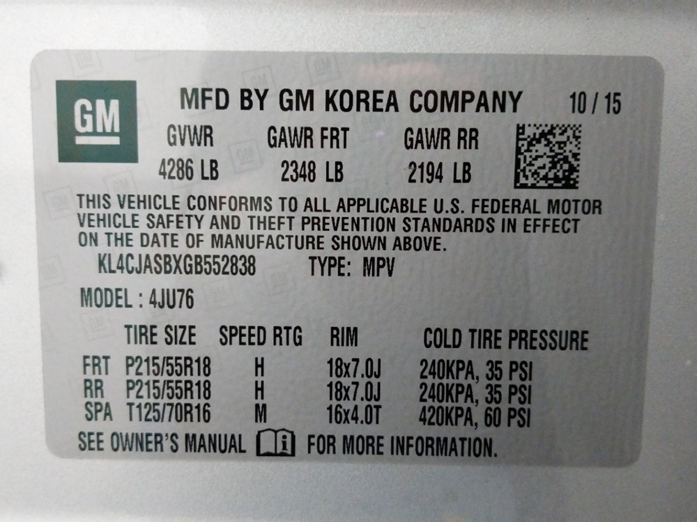 2016 Buick Encore - VIN Plate