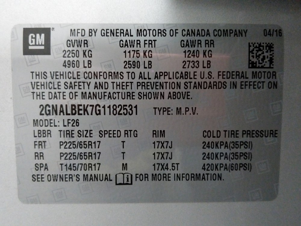 2016 Chevrolet Equinox - VIN Plate