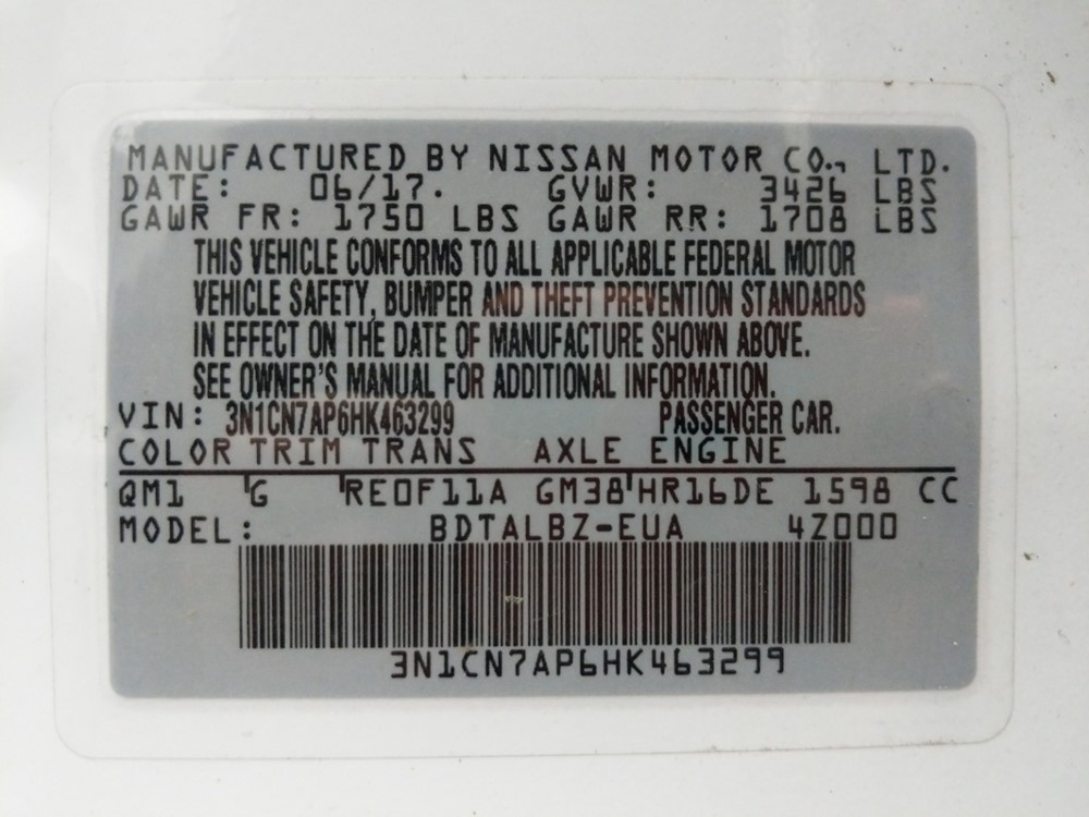2017 Nissan Versa - VIN Plate