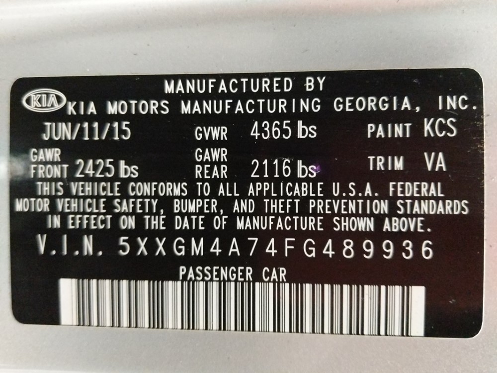 2015 Kia Optima - VIN Plate