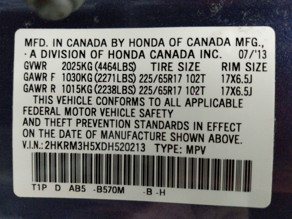 2013 Honda CR-V - VIN Plate