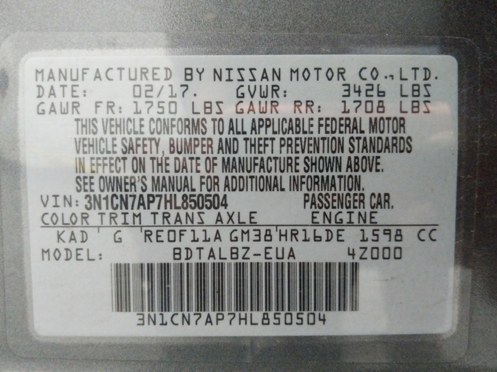 2017 Nissan Versa - VIN Plate