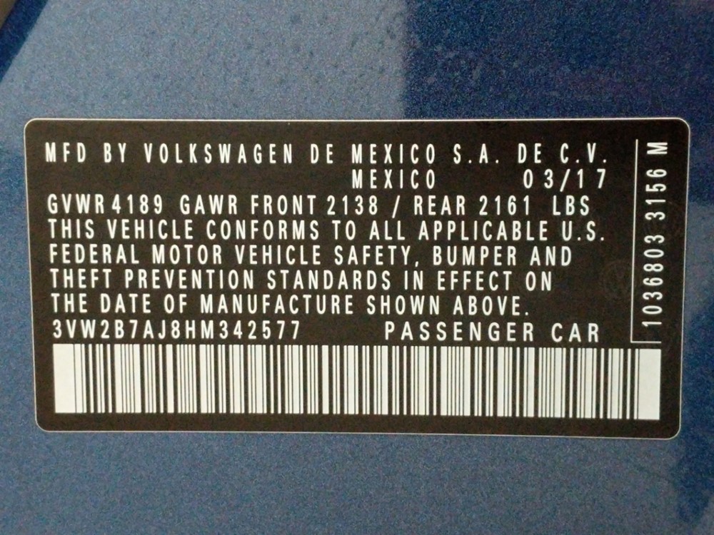 2017 Volkswagen Jetta - VIN Plate