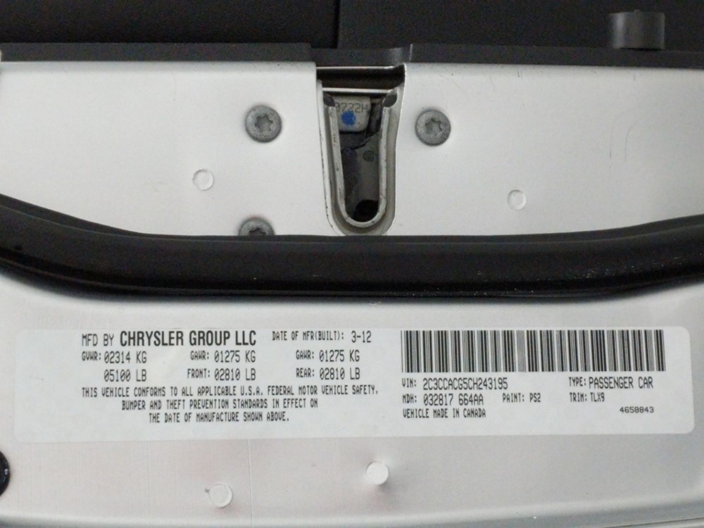 2012 Chrysler 300 - VIN Plate
