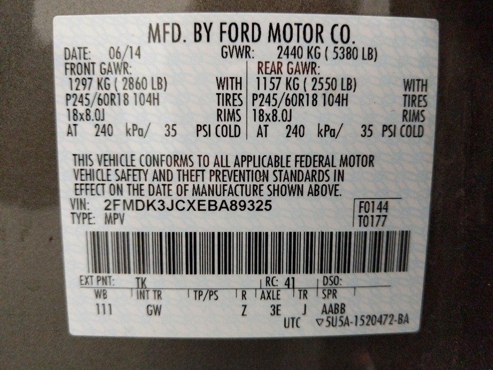 2014 Ford Edge - VIN Plate