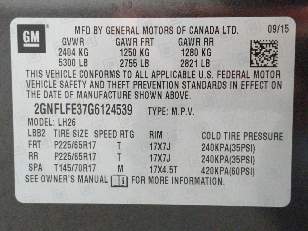 2016 Chevrolet Equinox - VIN Plate