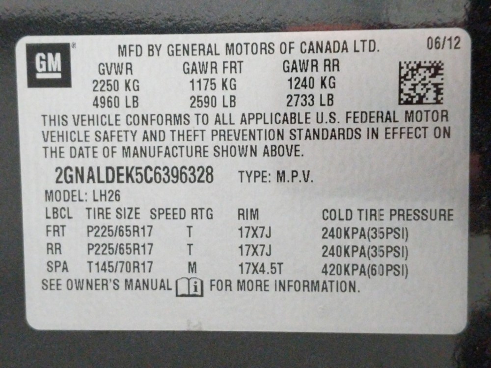 2012 Chevrolet Equinox - VIN Plate
