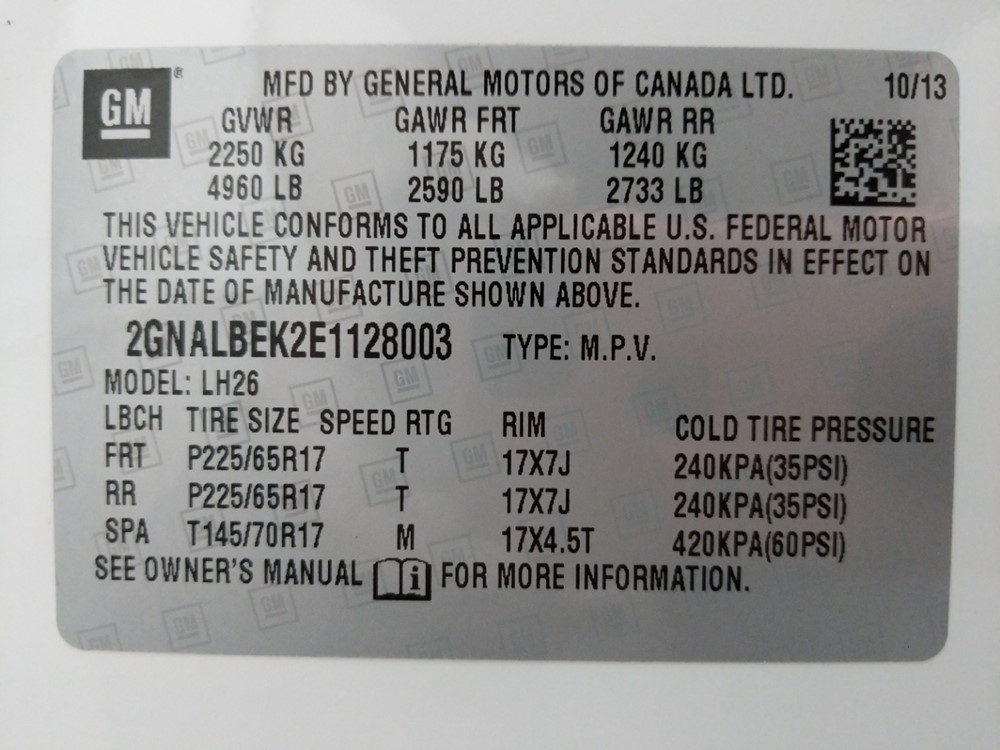 2014 Chevrolet Equinox - VIN Plate