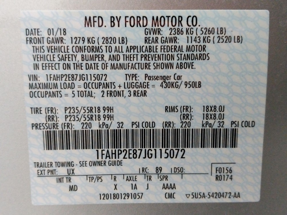 2018 Ford Taurus - VIN Plate