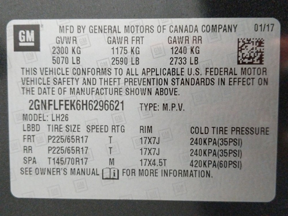 2017 Chevrolet Equinox - VIN Plate