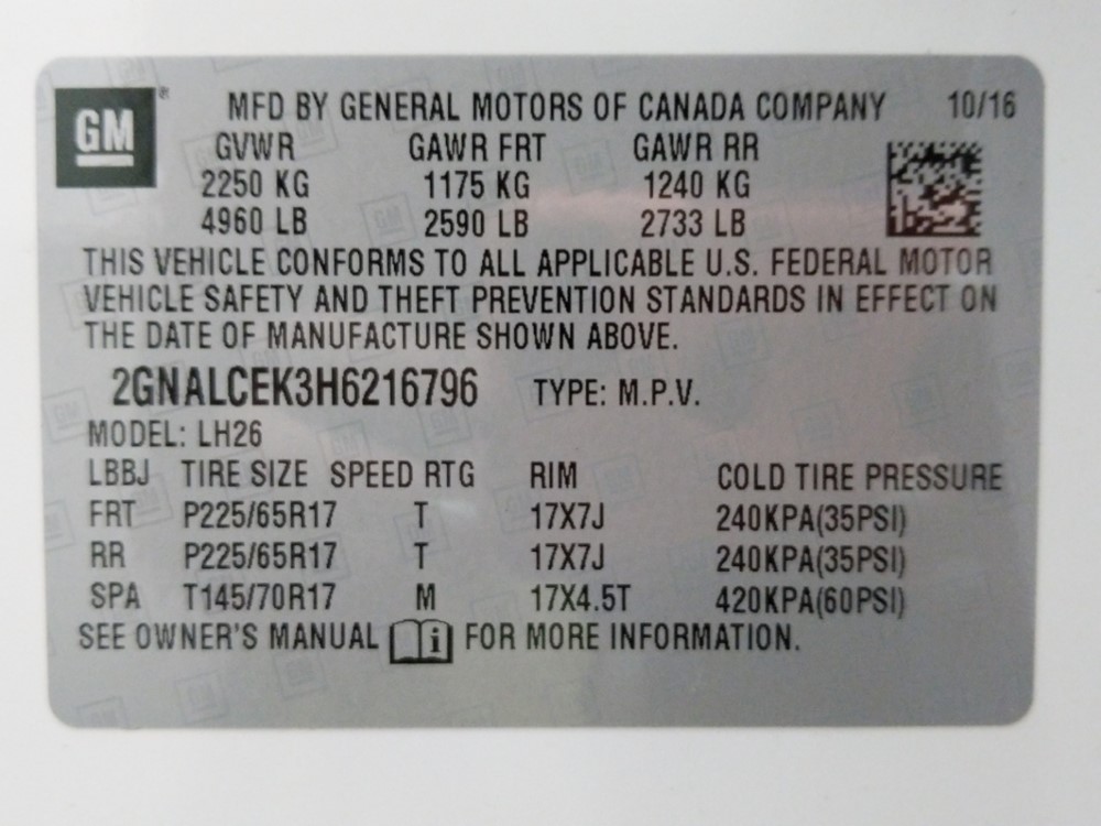 2017 Chevrolet Equinox - VIN Plate