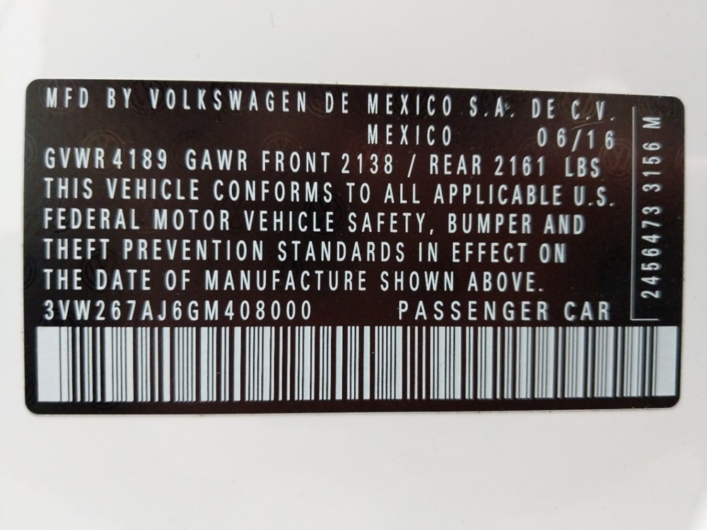 2016 Volkswagen Jetta - VIN Plate