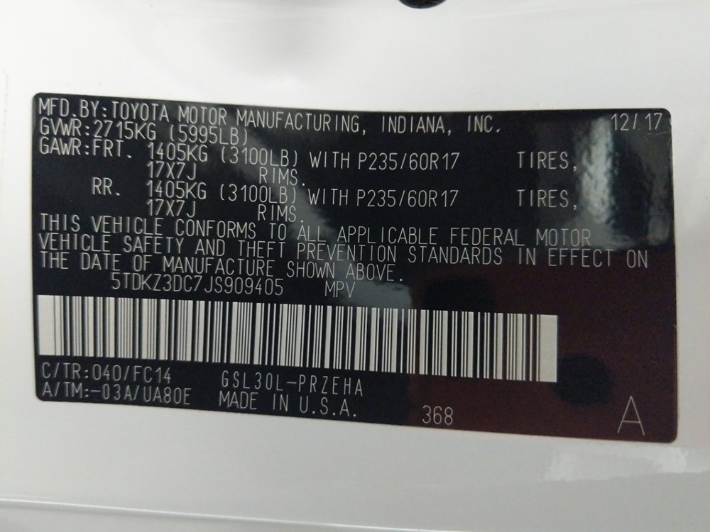 2018 Toyota Sienna - VIN Plate