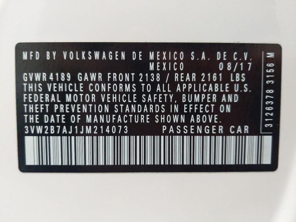 2018 Volkswagen Jetta - VIN Plate