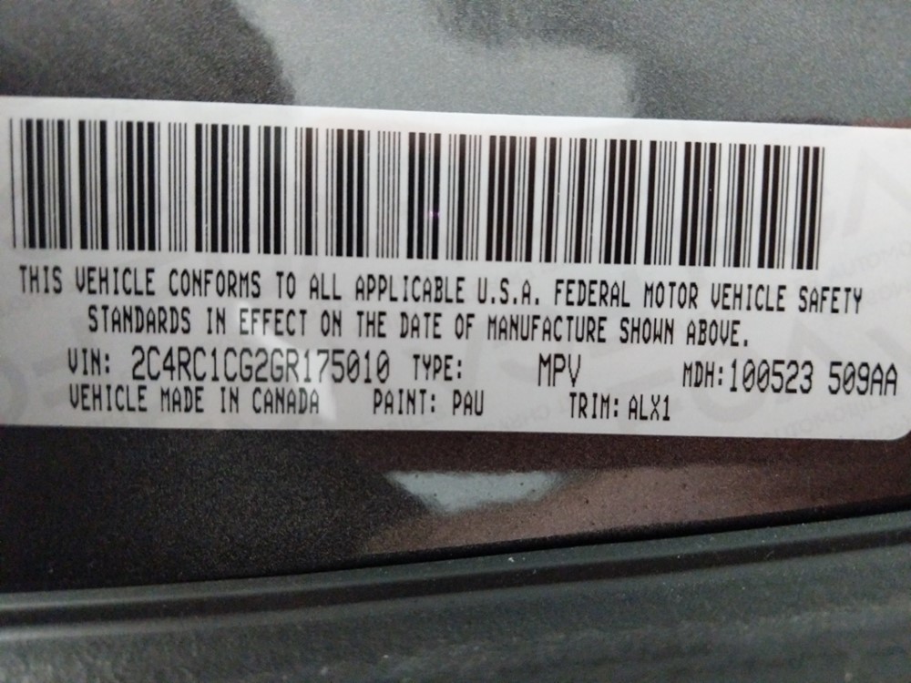 2016 Chrysler Town and Country - VIN Plate