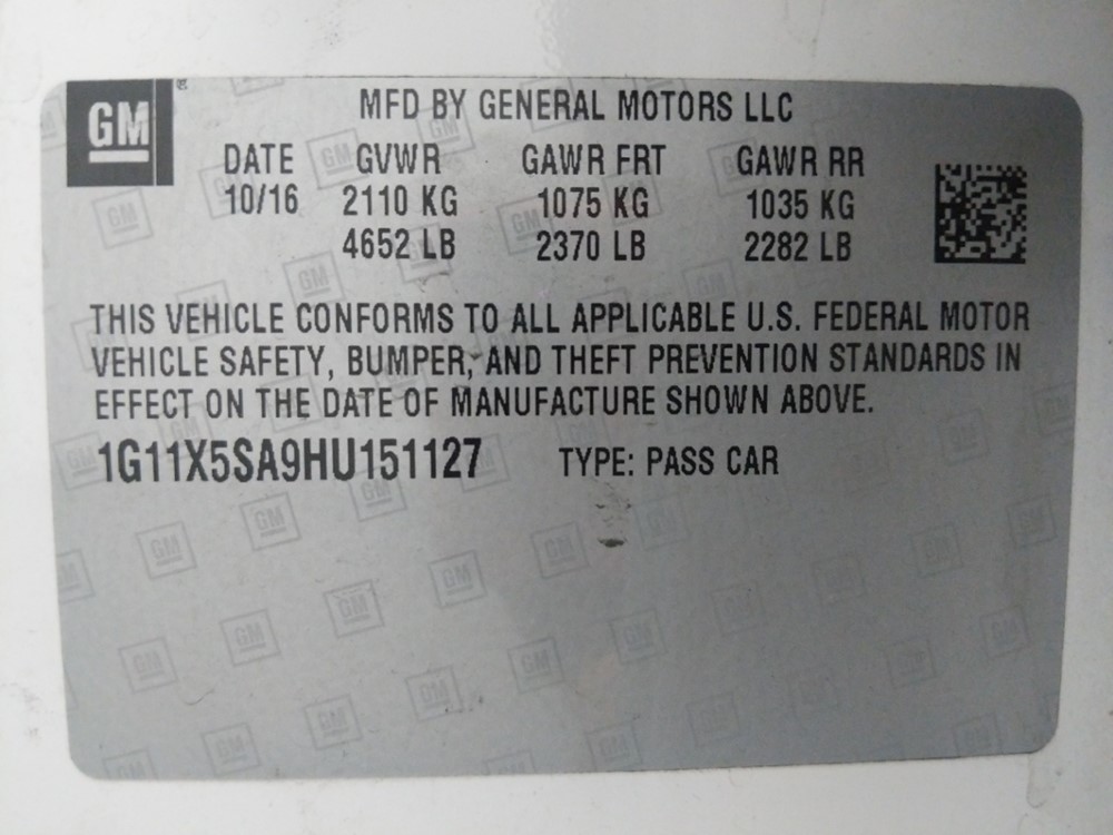 2017 Chevrolet Impala - VIN Plate
