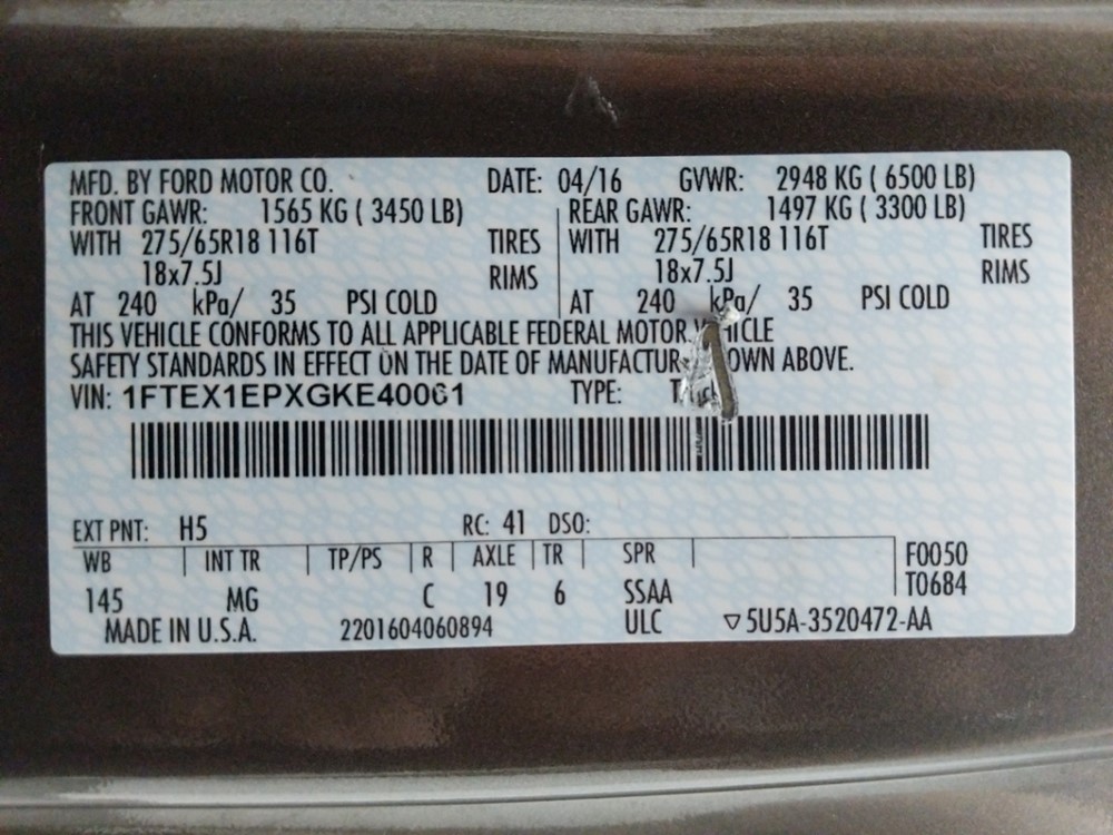 2016 Ford F-150 - VIN Plate