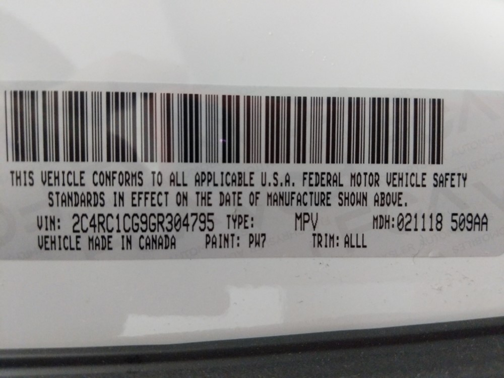 2016 Chrysler Town and Country - VIN Plate