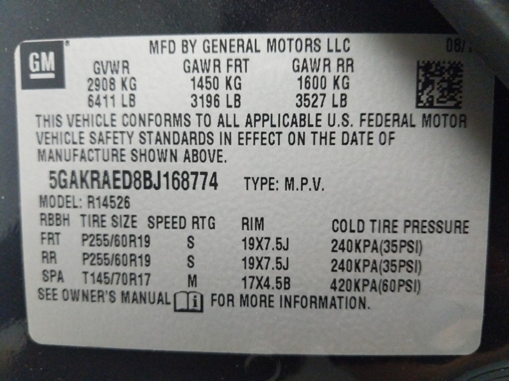 2011 Buick Enclave - VIN Plate