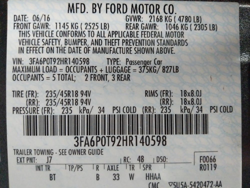 2017 Ford Fusion - VIN Plate