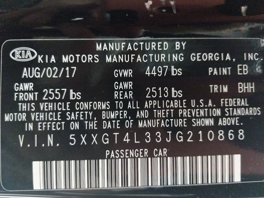 2018 Kia Optima - VIN Plate