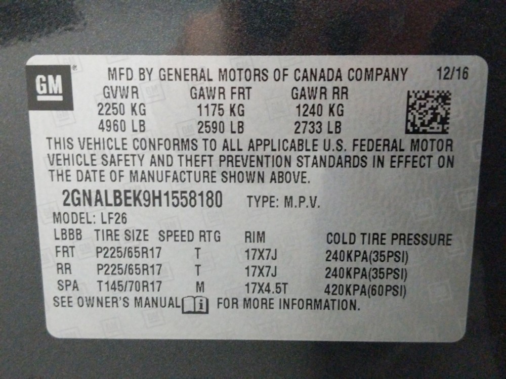 2017 Chevrolet Equinox - VIN Plate
