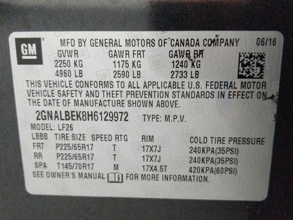 2017 Chevrolet Equinox - VIN Plate